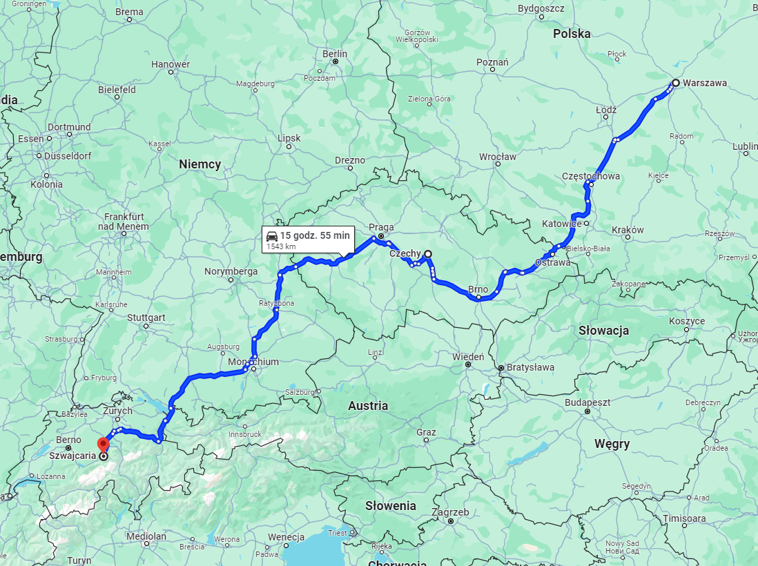 Mapa Polska - Szwajcaria, przez Niemcy